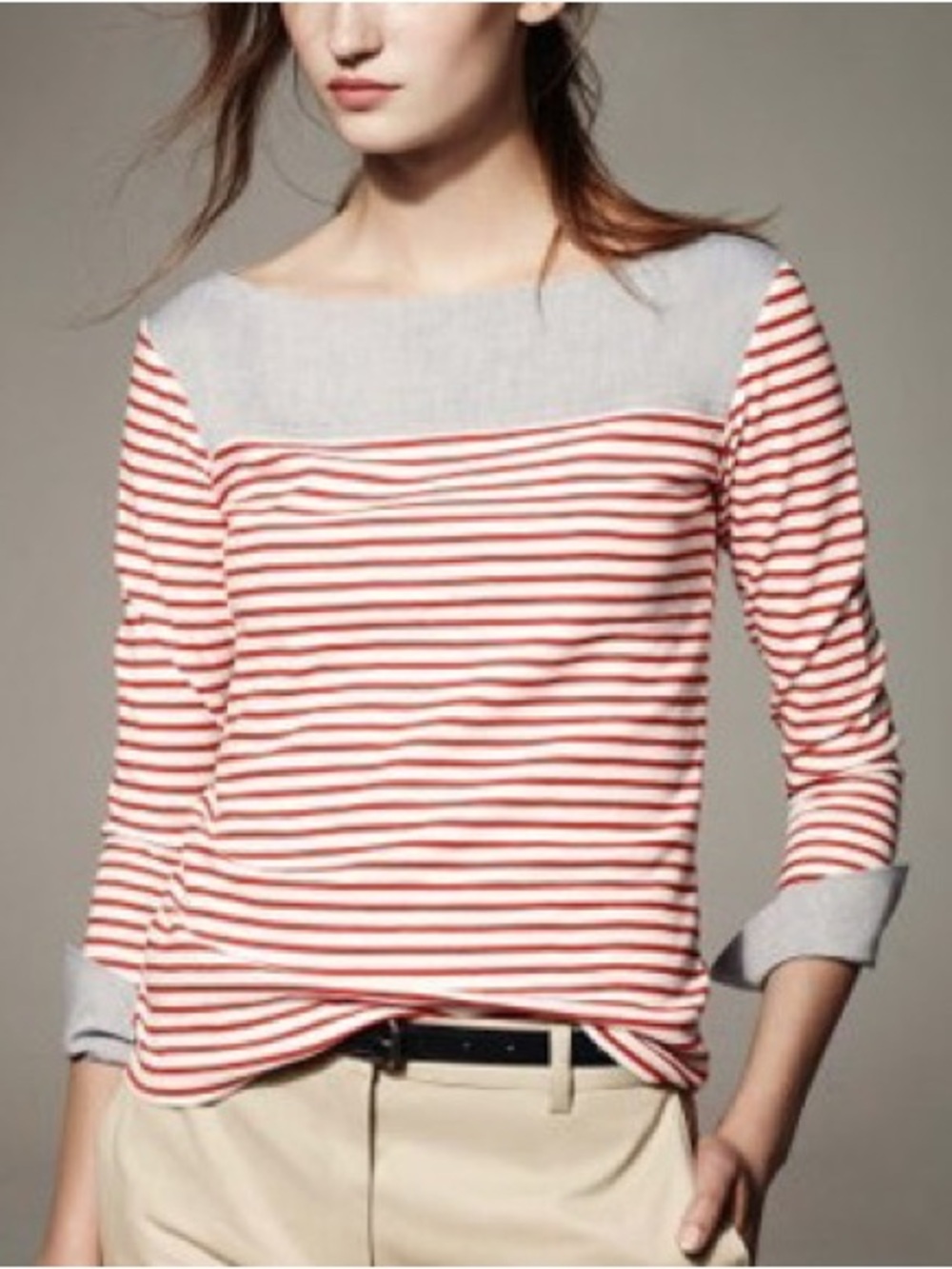 Lacoste Red & White Striped Long Sleeve Top with Denim Detailing